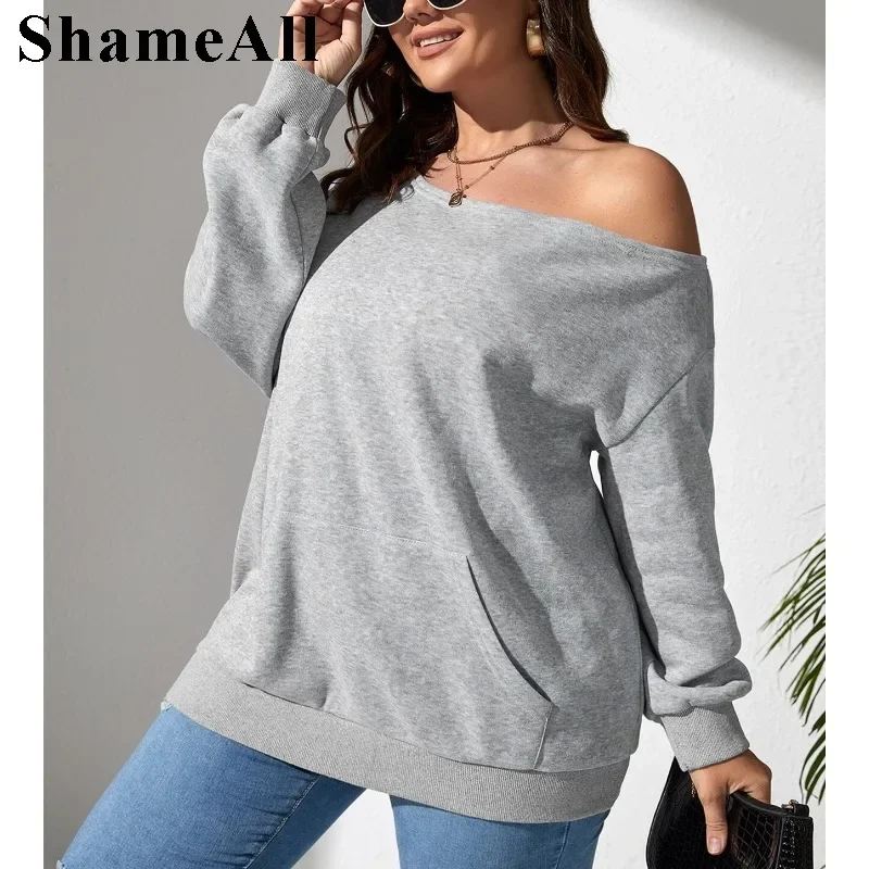 Women's Plus Size Light Grey Loose Asymmetrical Neck Sweatshirt Sexy OffShoulder Tops Casual Chic  Pullover