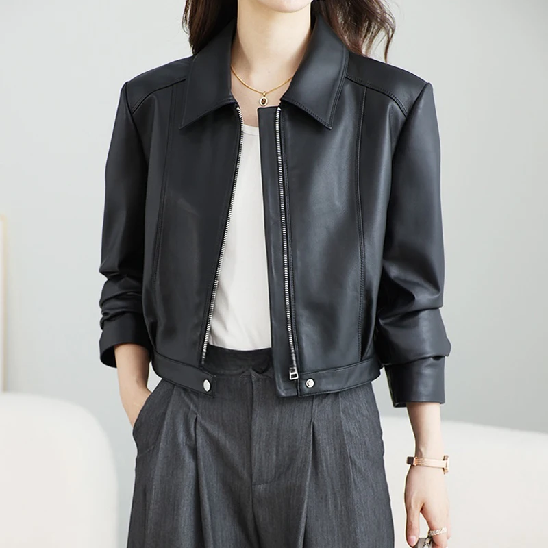 Vestes courtes classiques noires en cuir véritable pour femmes, veste de moto à fermeture éclair Simple, manteaux en peau de mouton véritable, coupe cintrée, 2025