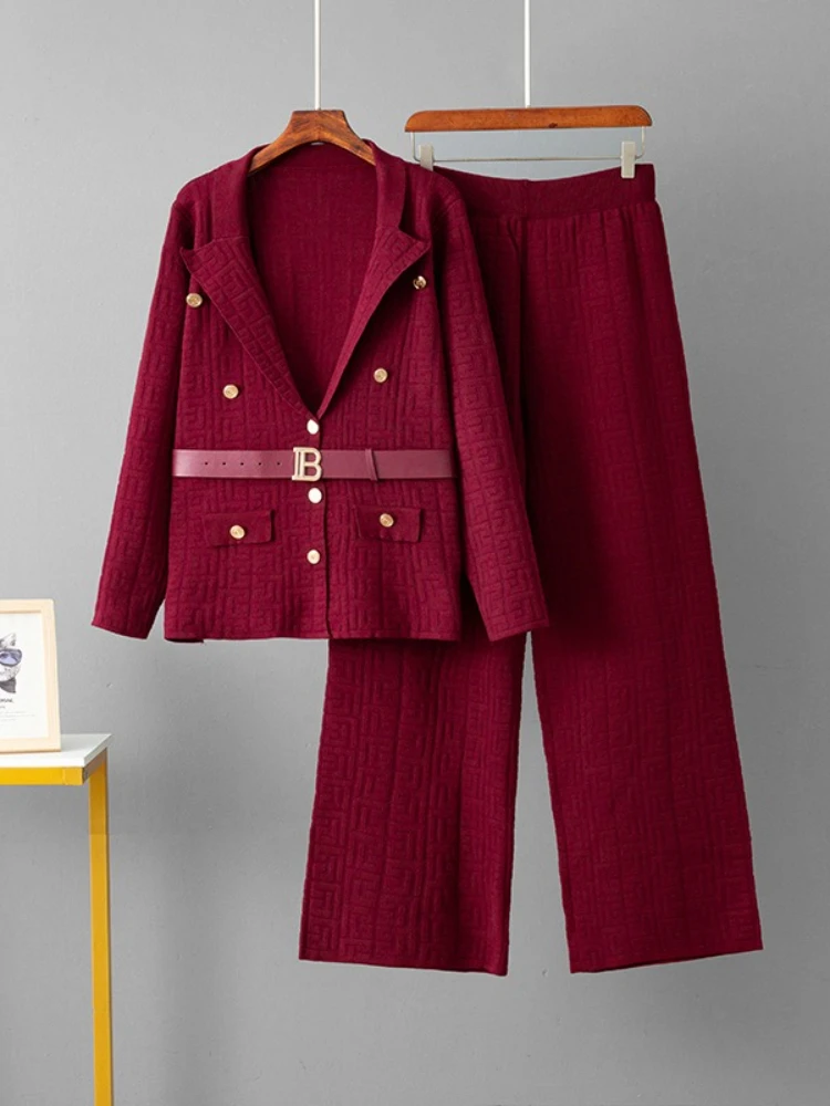 النساء مكتب مجموعات دعوى طوق سترة موضة 2 قطعة مجموعة الخريف الشتاء حزام ضيق الخصر سترة التخسيس محبوك بنطال ذو قصة أرجل واسعة