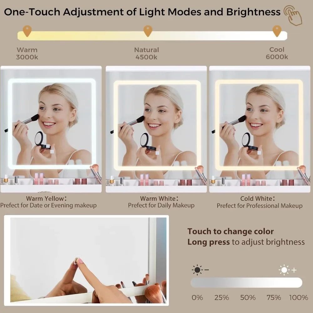 Meja Rias dengan Cermin dan Lampu 3 Warna 43,3" Meja Rias Rias dengan Lampu RGB dan Strip Daya Set Rias Besar