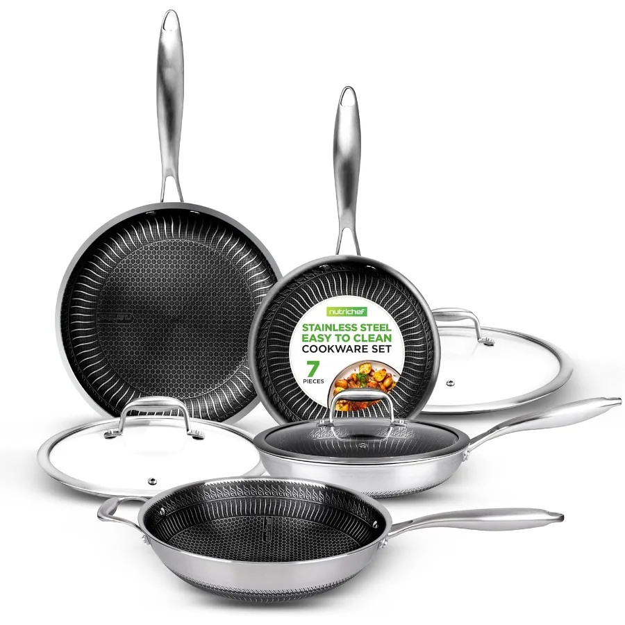 

7Piece TriPly Stainless Steel Frying Pan Set Wok for Home Cooking and Professional Kitchens Nonstick Surface Induction Compatib