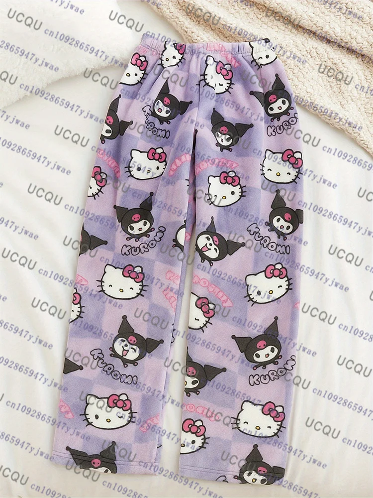 

Cartoon Hello Kitty Kunomi 3D Flannel Pajamas Pants Women's Autumn Winter Home Warm Casual Home Graffiti Trouser Pajamas Pants