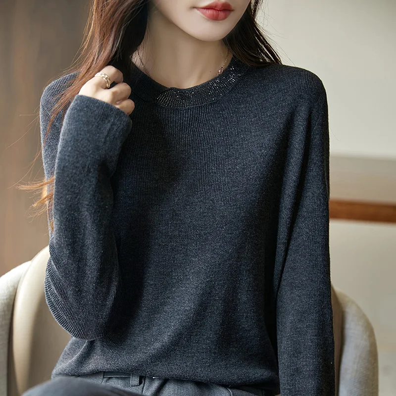 

New Round Neck Spun Wool Sweater For Women, Long Sleeved Loose And Versatile Pullover, Fashionable Versatile Knit Base Sweater