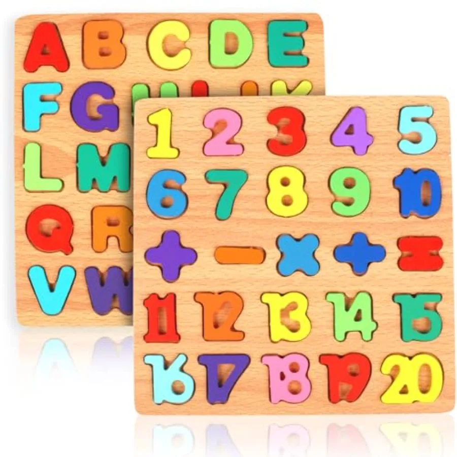 2 Pack Wooden Puzzles for Toddlers, Alphabet and Number Learning Toys in Natural Wood Color, Eco-Friendly Smooth-Finished Educa