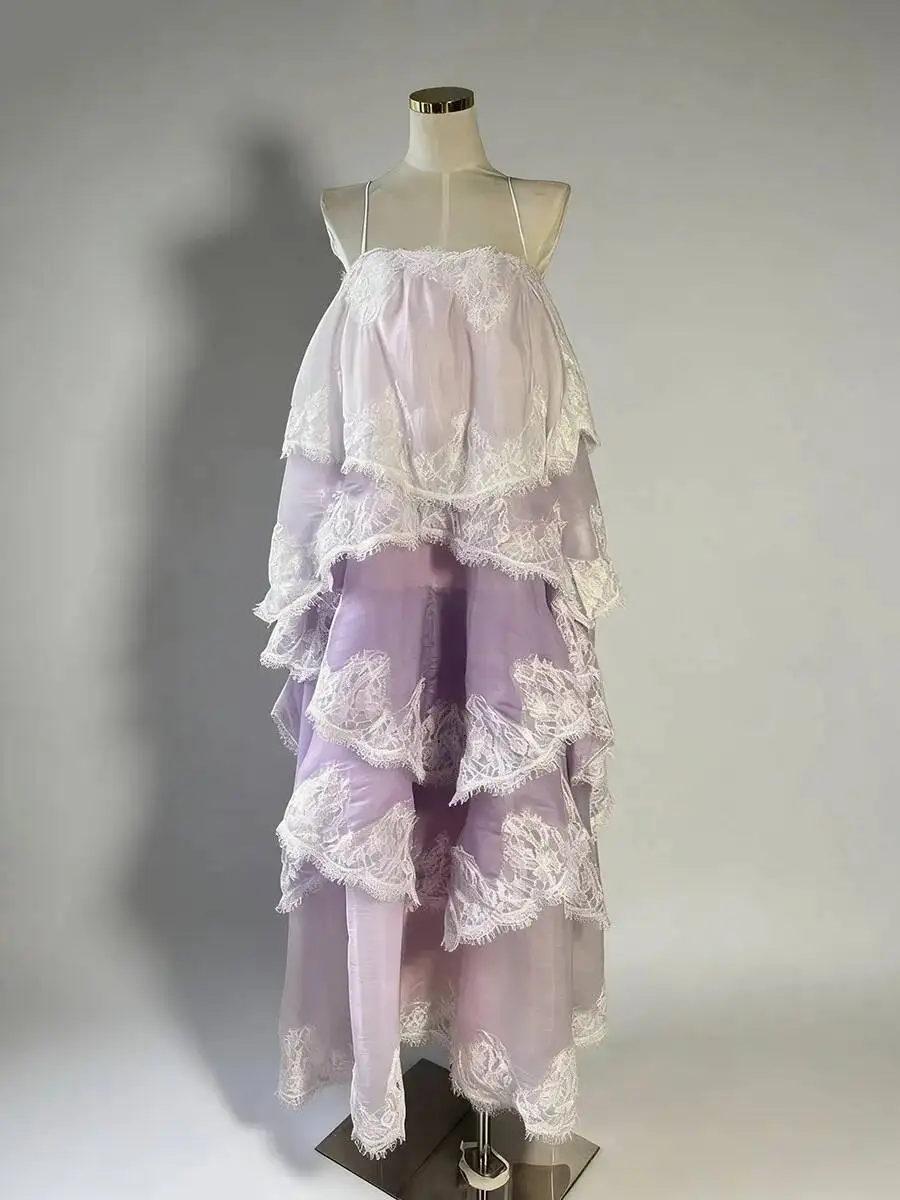 BJTZ Designer Exclusive Flowy Gradient Lace Applique Spaghetti Strap Maxi Dress Boho Beach Party Spring Summer 2026 New Arrival