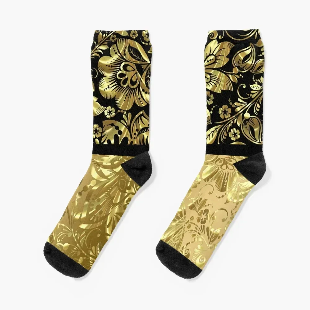 Black And Shiny Gold Floral Damasks Pattern Socks Running hiphop Men Socks Luxury Brand Women's