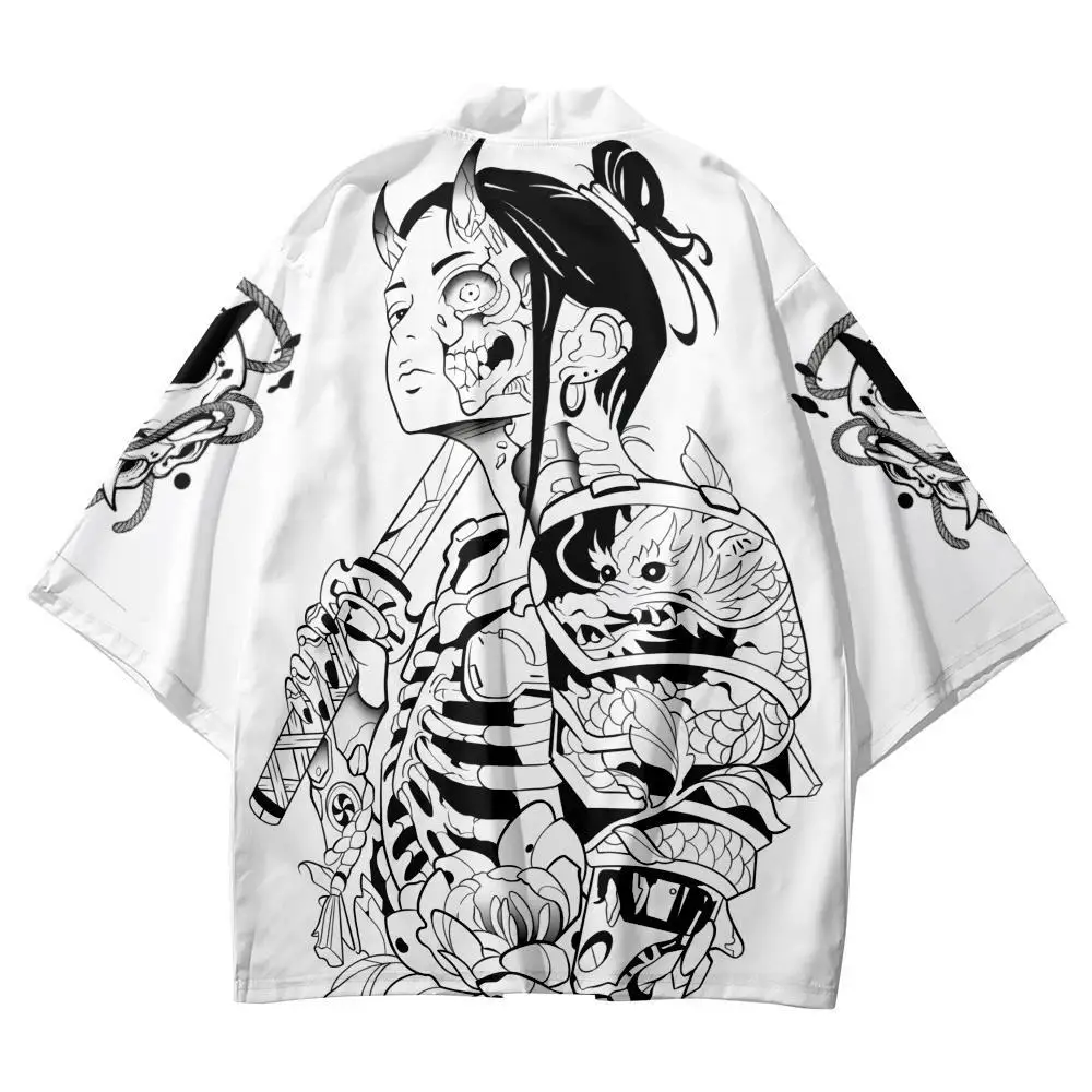 

Japanese Fashion Skeleton Samurai Print Kimono Summer Casual Beach Cardigan Yukata Women Men Cosplay Haori Top Asian Clothing