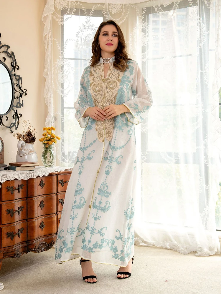 

Eid Abaya Dubai Turkey Mesh Muslim Arabic Long Dress Embroidery Evening Party Dresses Abayas for Women Islam Jalabiya Kaftans