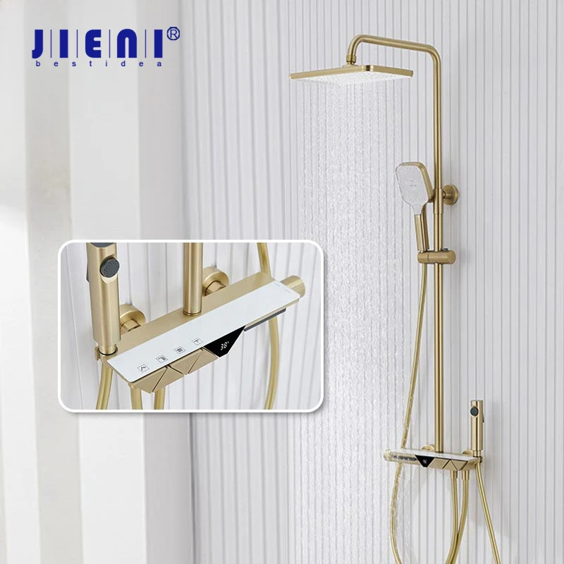 

JIENI Luxury Digital Display Bathroom Shower Faucet Set Multifunctional Rainfall Shower Systerm Brushed Gold Shower Mixer Crane