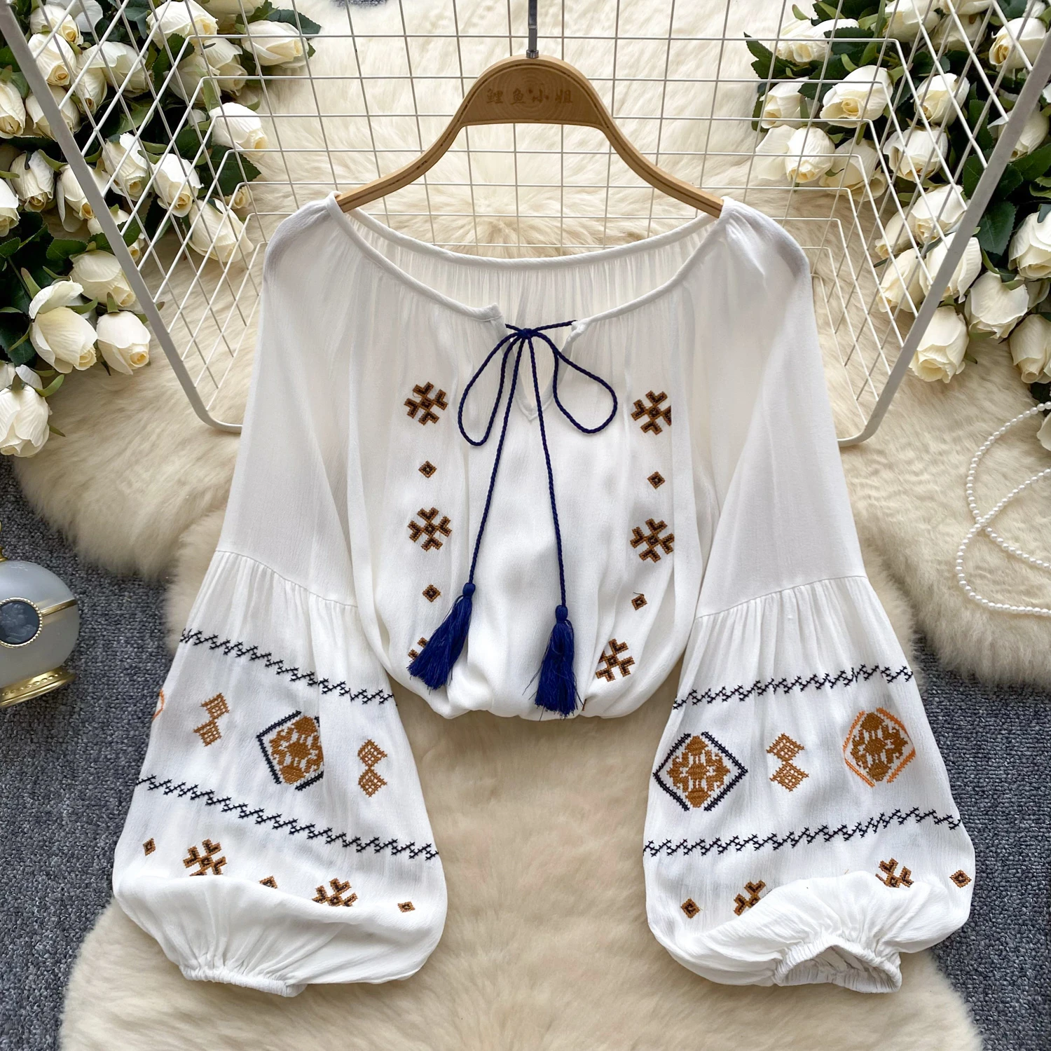 Ethnic Puff Sleeve Shirt Women's Spring Strap Design Sense Lace-up Neck Embroidery Flowers Fairy Casual Socialite Top Blouse