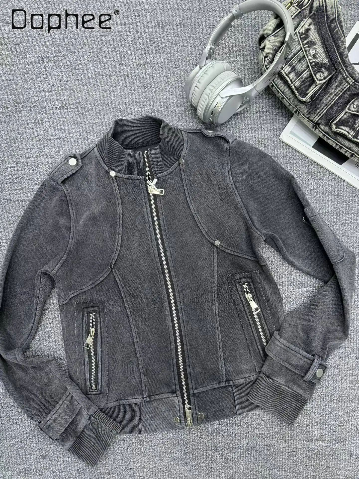 

2026 European New American Retro Street Personality Jackets for Women Heavy-duty Washed Distressed Retro Zipper Stand Collar Top