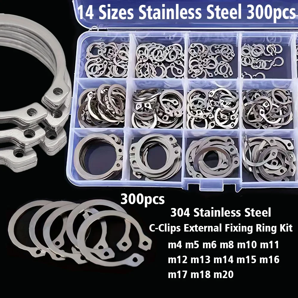 300 pcs 304 Stainless Steel External Circlip C-Ring Assortment Kit, Sizes: M4 M5 M6 M8 M10 M11 M12 M13 M14 M15 M16 M17 M18 M20