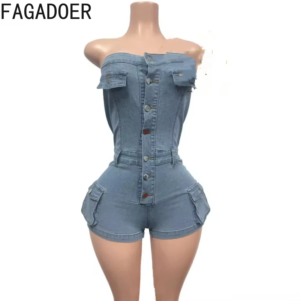 FAGADOER Sexy Denim Off Shoulder Bodycon One Pieces Rompers Women Button Sleeveless Slim Cargo Jeans Jumpsuits Fashion Overalls