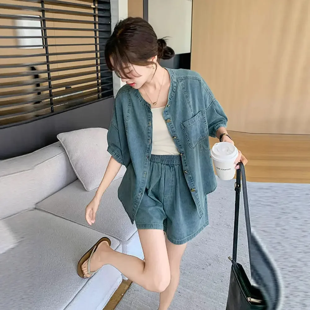 Elastic Waist Woman Shorts Denim With Jacket Office Short Sets for Women 2 Pieces Outfit Trends Top and Bottom Novelties Luxury