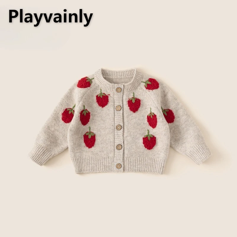 

Новые весенне-осенние милые клубничные вязаные пальто для девочек с круглым вырезом и рукавами реглан, однобортные свитера, детский вязаный кардиган Y4281