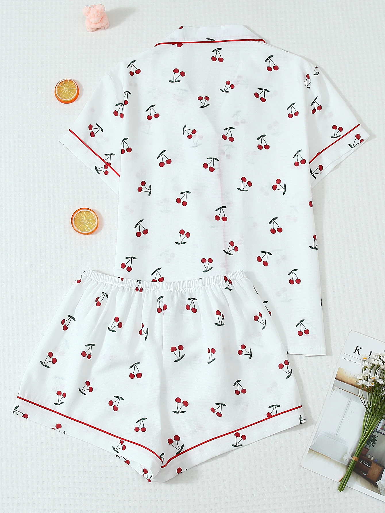 Two-Piece Comfortable Set with White Base and Red Cherry Print, Featuring a Button-Down Short-Sleeve Top with Pockets and Bow Shorts, Suitable for Spring and Summer Women's Sleepwear and Loungewear, Ideal for Home Use
