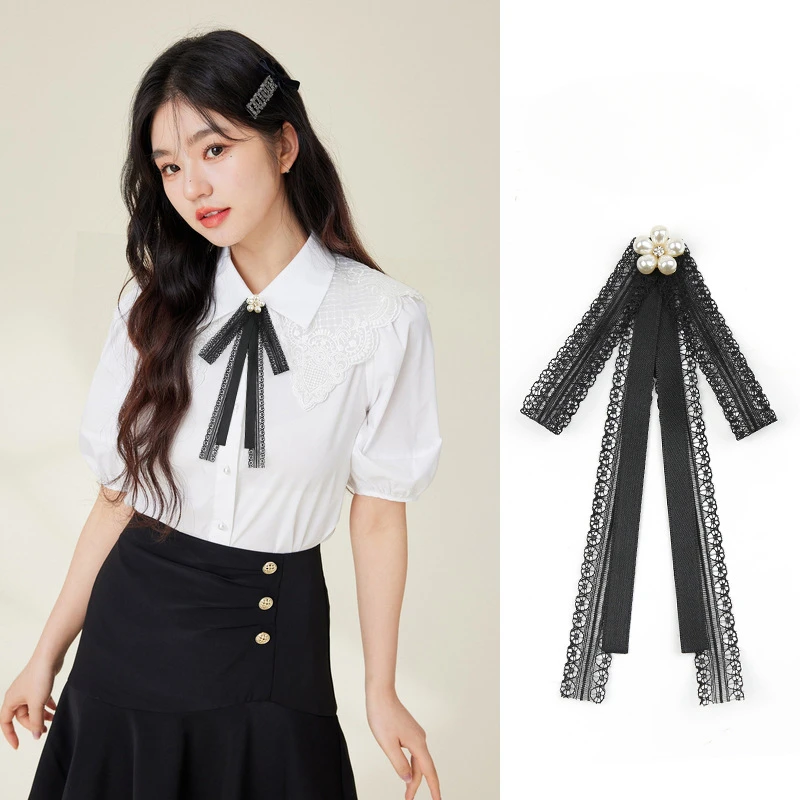 Korean New Elegant Black Lace Ribbon Rhinestone Bow Brooch for Women\'s Shirt with British Japanese College Style Accessories