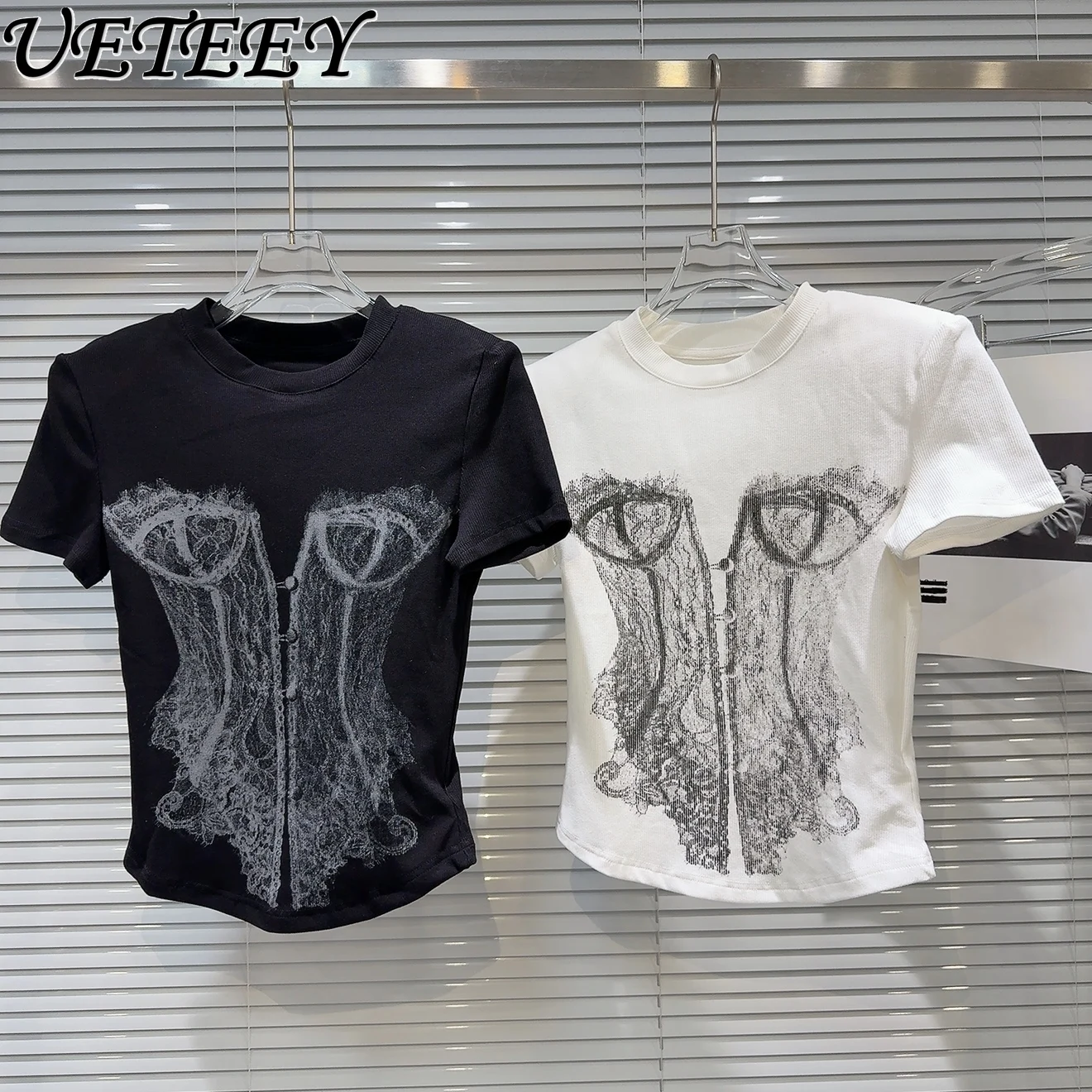 

Summer New Sweet Cool Girl Lace Bikini Print T-shirt Elastic Slim Shoulder Pad Short Sleeve T Shirt Black Graphic Tshirt Y2k Top