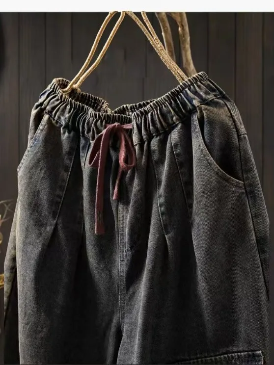 Grande taille femmes artistique rétro Patchwork Waed Denim neuf pièces pantalon vêtements de travail amples taille élastique épissage lanterne pantalon