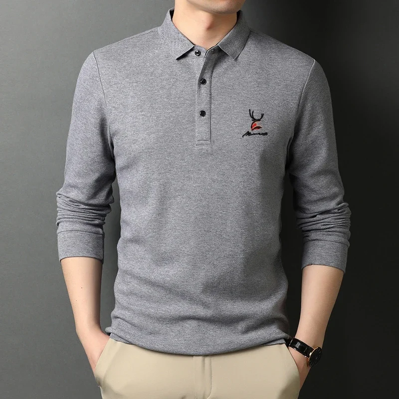 New Men\'s Casual Embroidery Long Sleeve Polo Shirt Fashion Solid Color Top