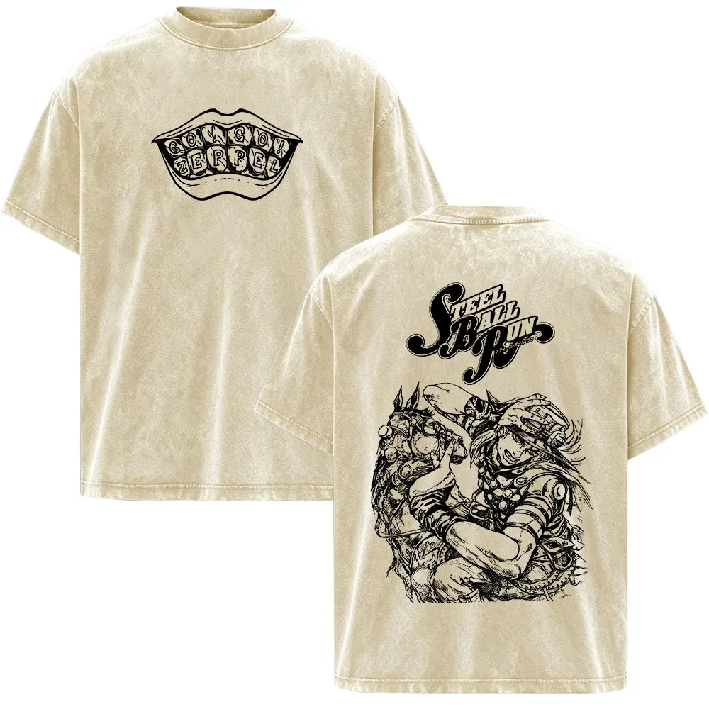Anime JoJo Bizarre Adventure STEEL BALL RUN Gyro Zeppeli Vintage Washed T-shirt Men's Clothing Oversized Short Sleeve T Shirts