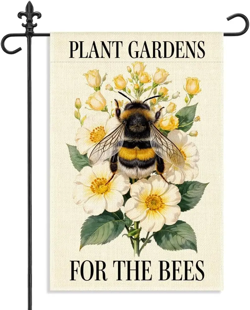 Plant Gardens for the Bees Garden Flag, 12 x 18 Inch Double Sided Bumblebee Floral Outdoor Yard Decor, Meaningful Eco Friend PPM