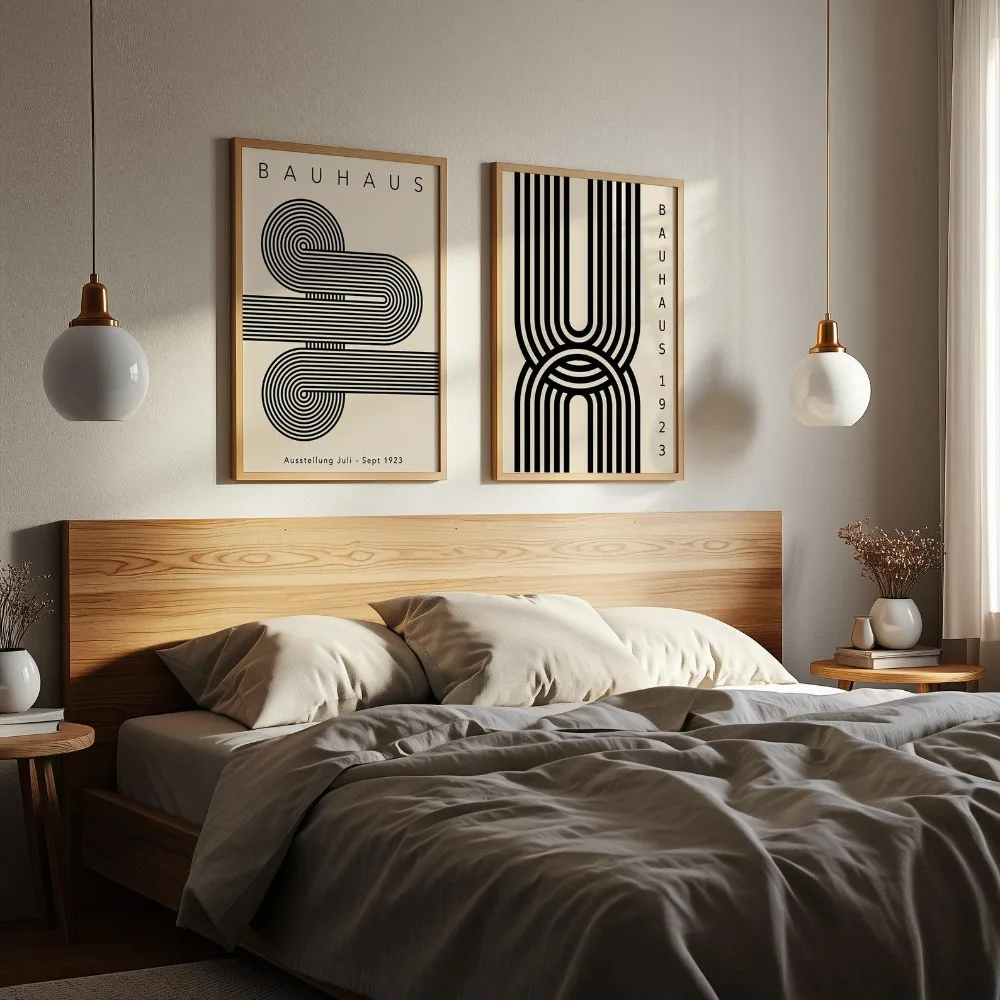 Frameless Black Bauhaus Printmaking Poster, Minimalist Mid-century Modern Geometric Art, Living Room Bedroom Wall Art Decoration