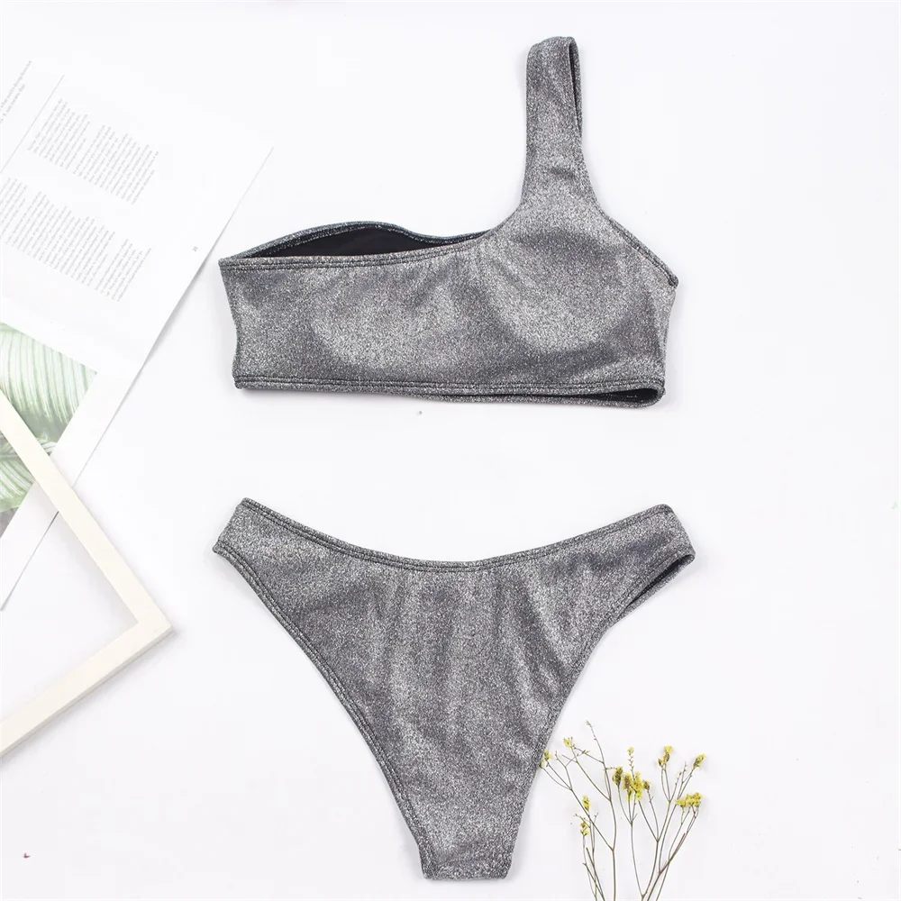 Conjunto de Bikini Sexy de un hombro para mujer, traje de baño brillante para mujer, traje de baño de dos piezas con purpurina de Color sólido