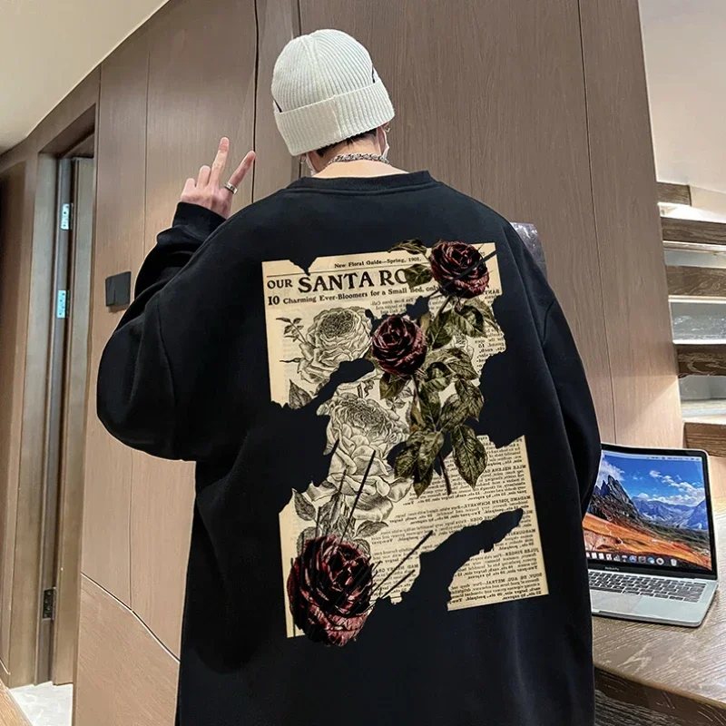 

Autumn Rose Floral Print Sweatshirt Vintage West Coast Round Neck Pullover Top Loose Casual Hiphop Men Women Clothing