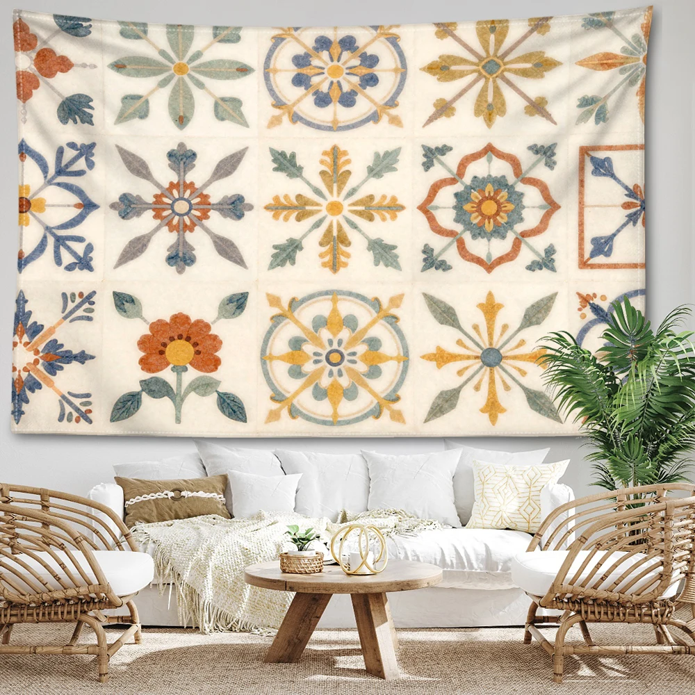 Cream White Assorted Floral Symmetrical Printed Tapestry Wall Hanging Bohemian Style Bedroom Home Decor