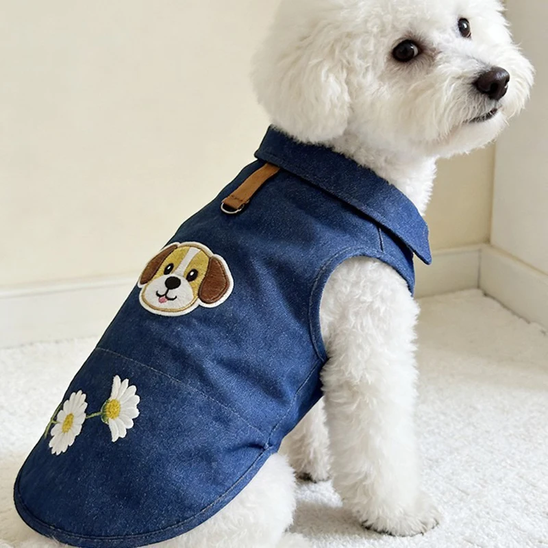 Pet Classic Cowboy Clothes Summer Small Dog Open Button Tank Top Teddy Flower Embroidered Short Sleeve