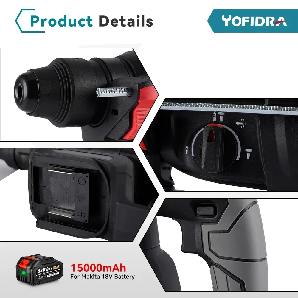 Yofidra 26mm Brushless Electric Hammer Electric Pick Impact Drill Multi-function Cordless Rotary Tool For Makita 18V Battery