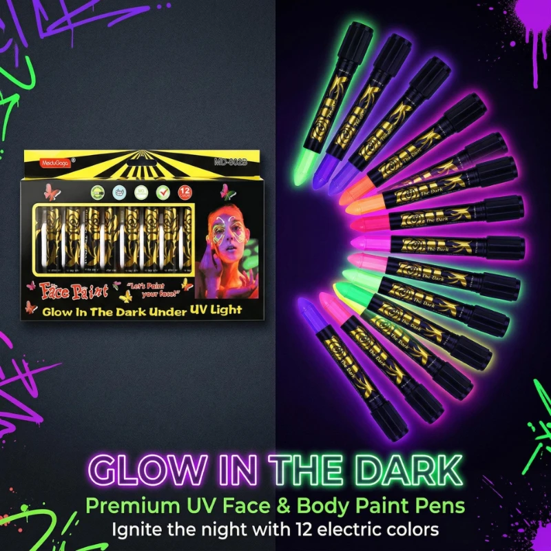 12-Farben Leuchtendes Gesichtsmalset für Party, Halloween, Weihnachten, Festival, Ball, Event, Make-up-Requisiten, Körperbemalung, DIY, Abwaschbare Buntstifte