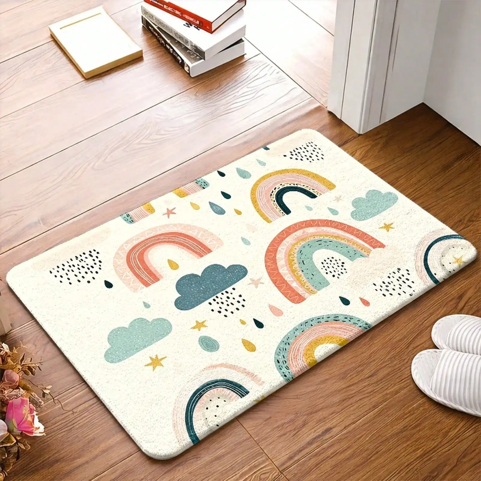 1PC, Cute Rainbow Cloud Pattern Flannel Floor Mat, Non-Slip Bedroom Bedside Rug, Dirt-Resistant And Machine Washable Kitchen Mat, Universal Living Room And