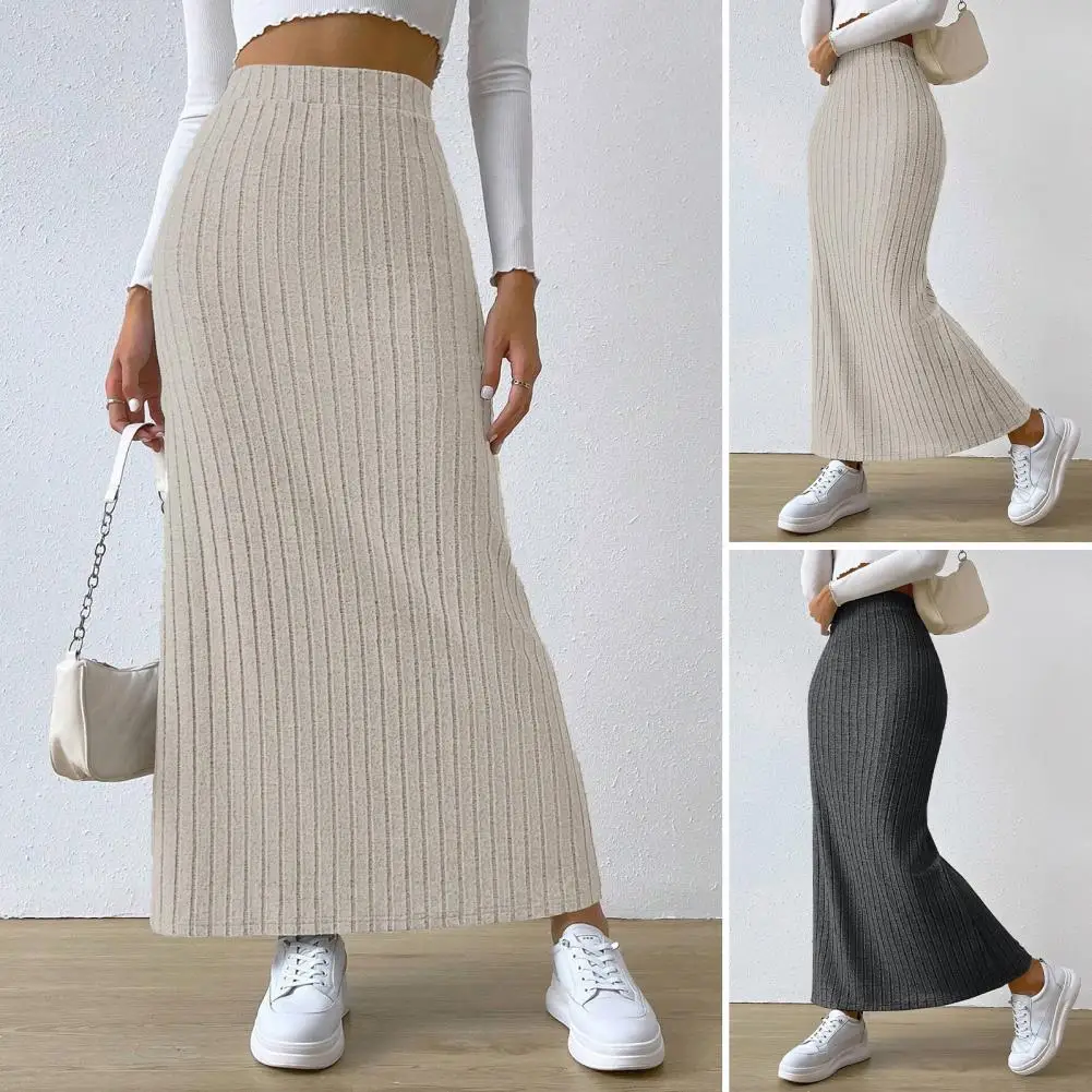 

High-waisted Skirt Solid Color Long Skirt Elegant High Waist Knitted Maxi Skirt for Women Warm Ankle Length Striped Slim Fit