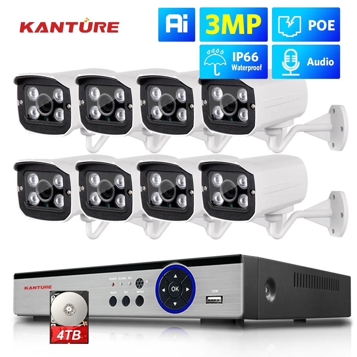 KANTURE 8CH 4K POE NVR 3MP Security System HD 3MP Ai Human Detection Audio Waterproof Ip Camera CCTV Video Surveillance Kit P2P