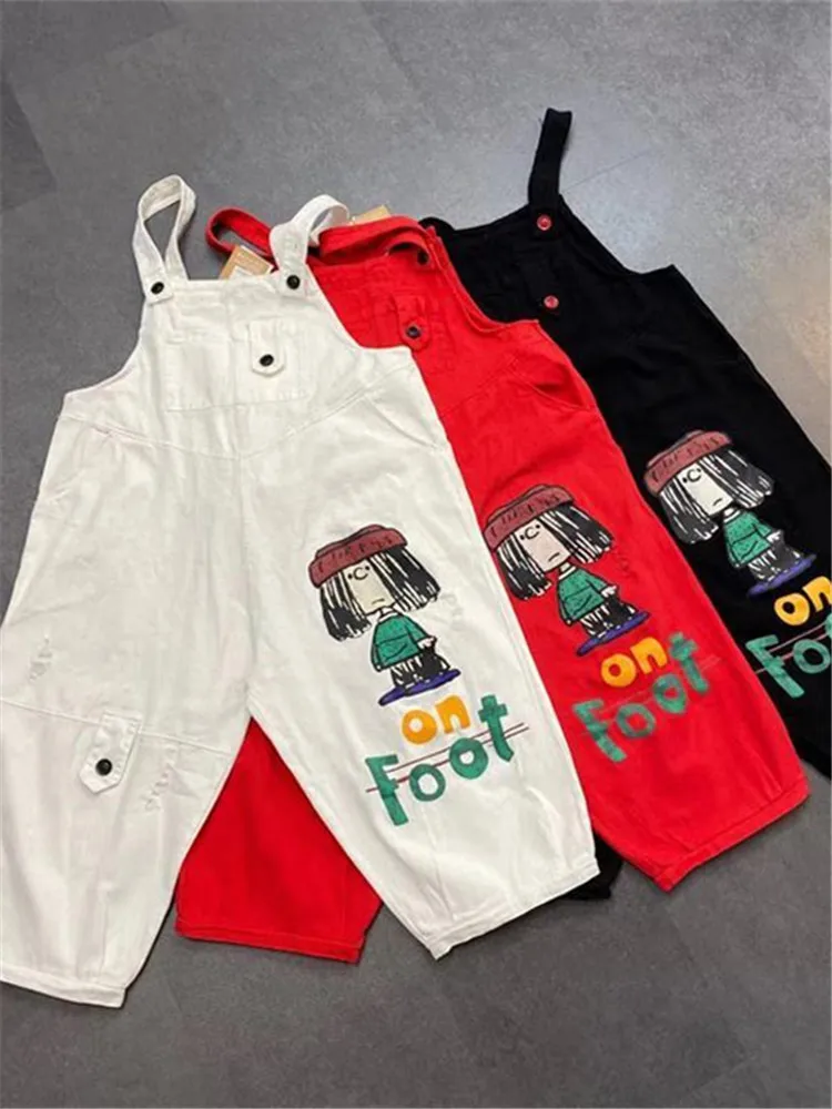 2022 Summer Cartoon Print Denim Overalls Women Clothes Loose Korean Fashion Hole Jumpsuits Female Jeans Rompers Streetwear New