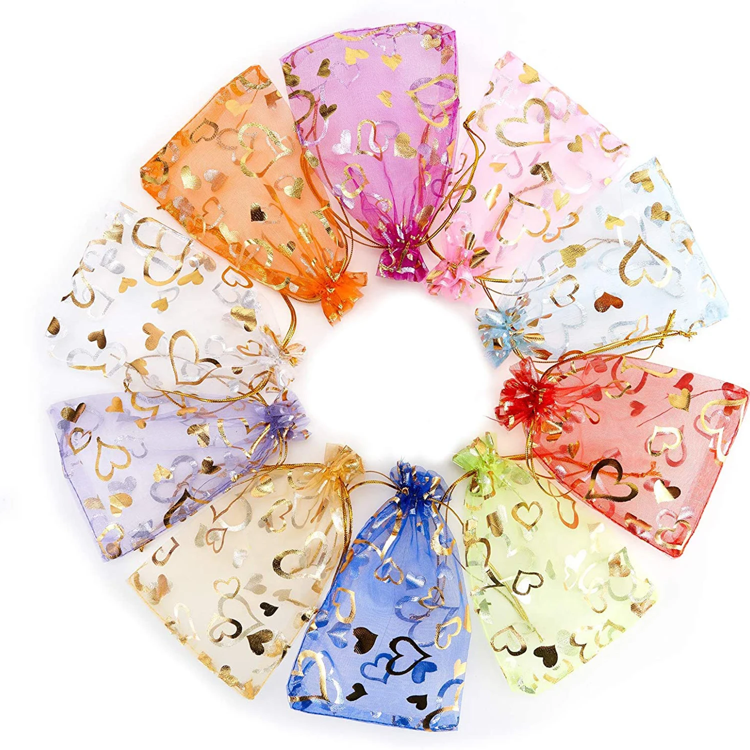 100 stks/partij 9x12 cm Gemengde Willekeurige Goud Trekkoord Organza Zakjes Sieraden Verpakking Zakken Snoep Bruiloft Zakken Groothandel Geschenken