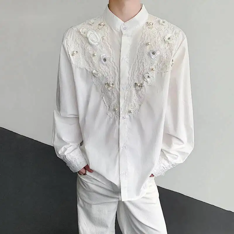 Stand Collar Men's Shirts Niche Design Three-dimensional Flowers Lace Beading Long Sleeved Single Breasted Male Tops 9YHJ0