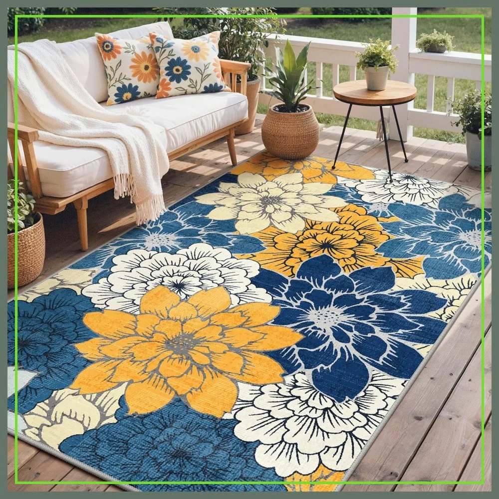 

5x8 ft Indoor Outdoor Area Rug, Machine Washable, Waterproof Non-Slip Floral Mat for Patio, Living Room, RV, Camping, Navy Blue