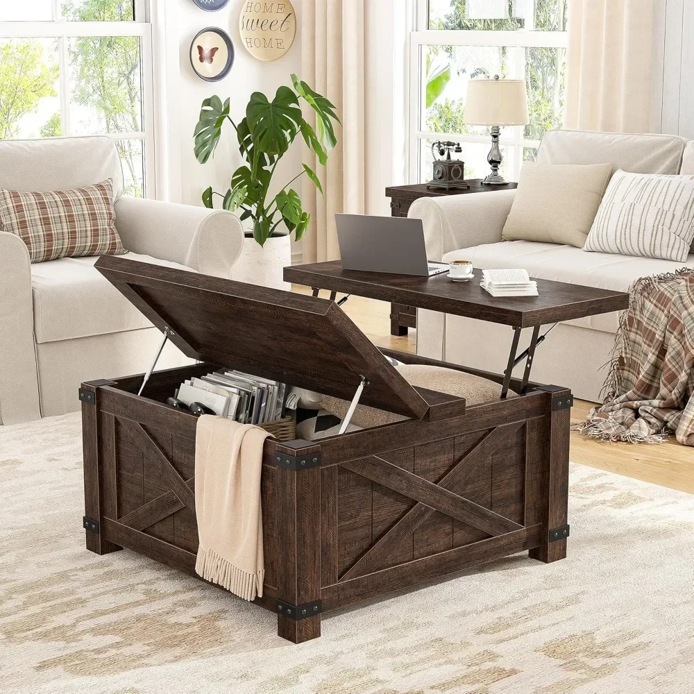 Farmhouse Coffee Table with Storage, 35.5" W Large Square Coffee Table for Living Room, Wood Center Table with Flip-Top Lids