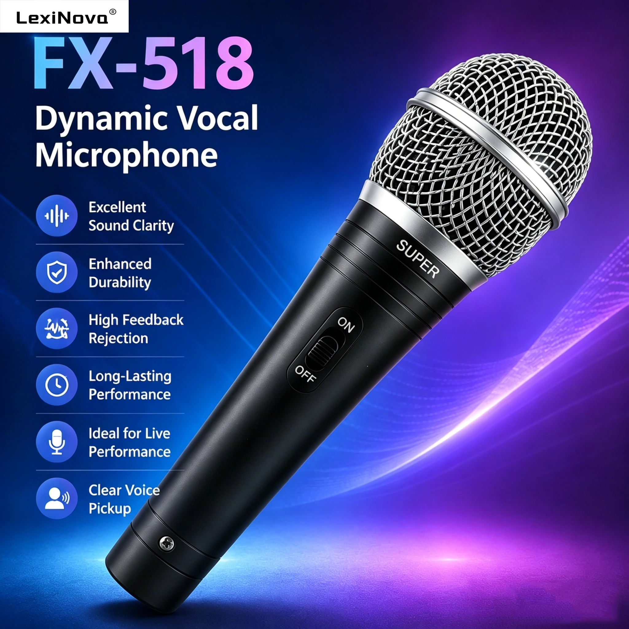 FX-518 Dynamic Vocal Microphone Hypercardioid with On/Off  Switch Metal Mic for Singing Live Streaming Recording Stage Speech