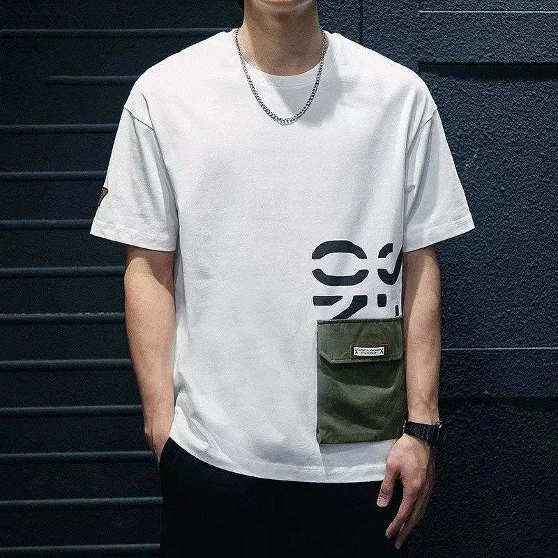 Summer Men's Short Sleeve Letter Printed T-shirt With Cargo Pocket Casual Cotton O-Neck Tops Y2K Streetwear Oversized Tee Shirts image 3