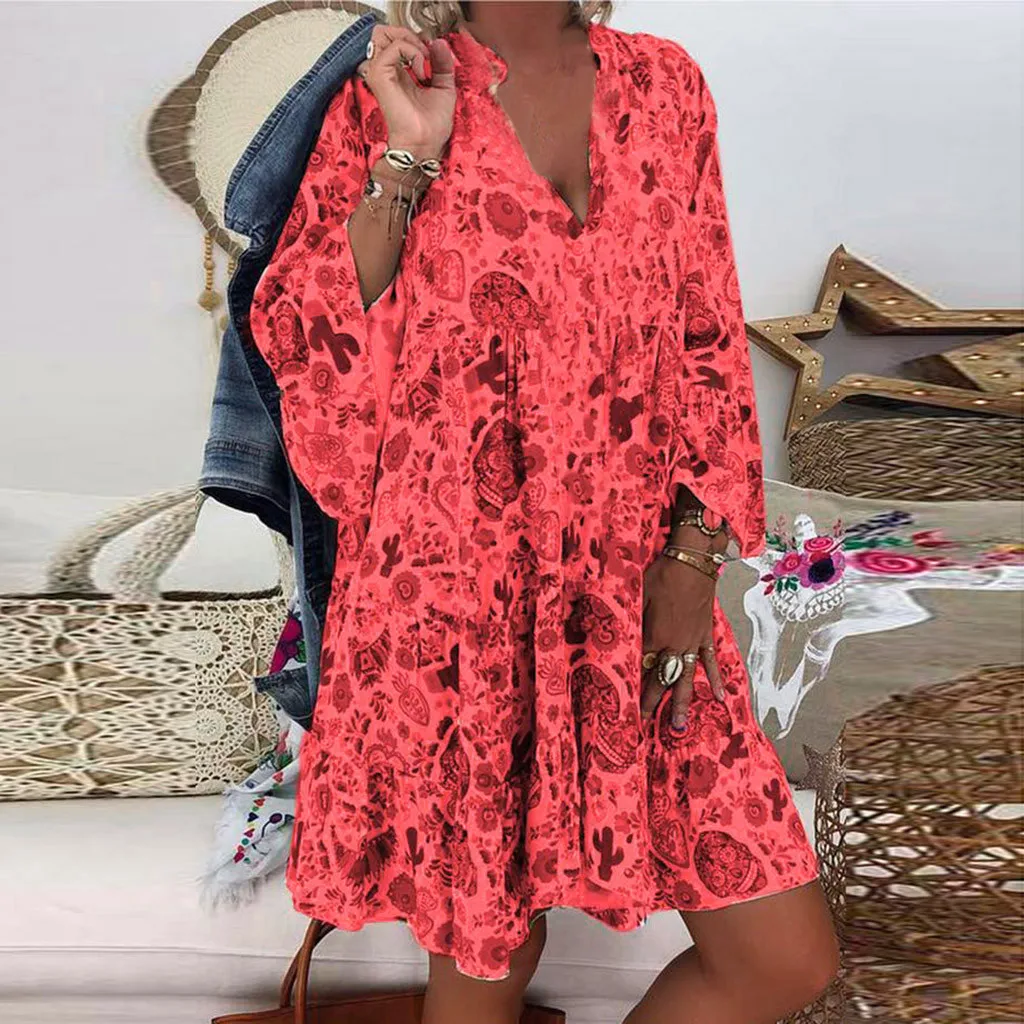 Loose Long Sleeve Ladies Dress Plus Size Print Solid Short Dress V-Collar Women\'s Summer Casual All Match Knee Length Dresses