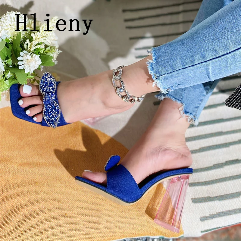 Hlieny Summer Crystal Butterfly-knot Thick High Heels Slippers Summer Sexy Street Woman Square Toes Dress Party Shoes Size 35-42