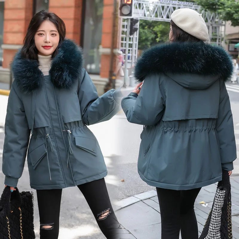 Hooded Women Parkas Coats Mid Lenth Oversize Jacket Solid Drawstring Waist Fur Collar Zipper Loose Elegant Casual 2025 Winter