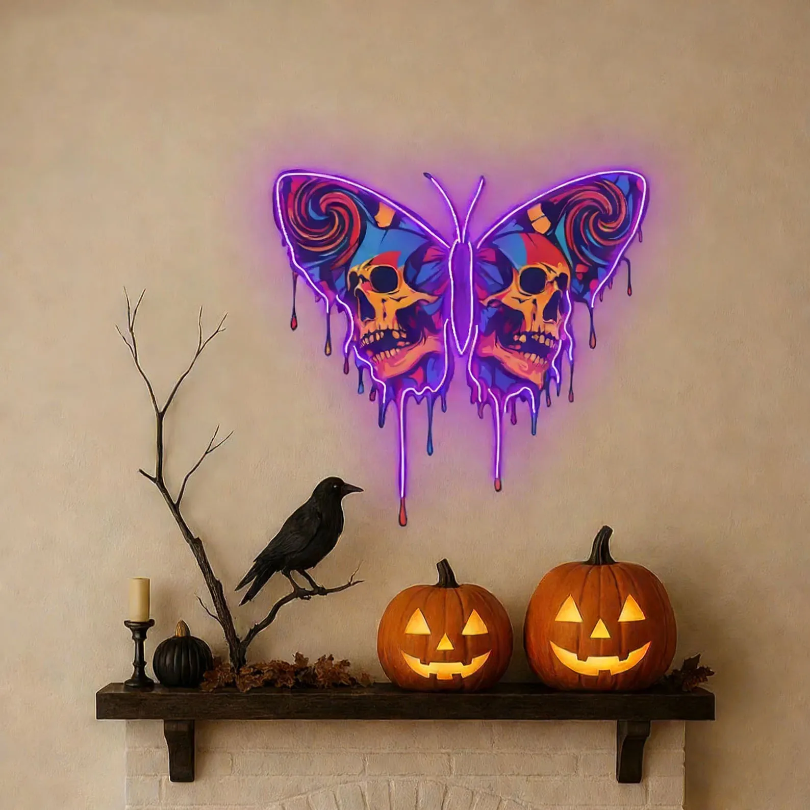 Skull Butterfly Neon Sign,Whimsical Decor for Halloween Party,Creepy Costume Night Wall Art,Gift for Friends,Man Cave Sign