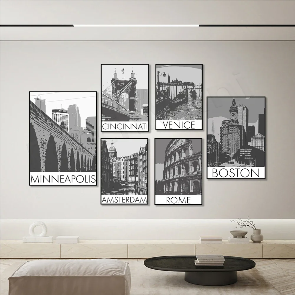 Amsterdam, Venice, Italy, Indiana, Minnesota, Cincinnati, Ohio, Thailand, Boston, Massachusetts black and white travel poster