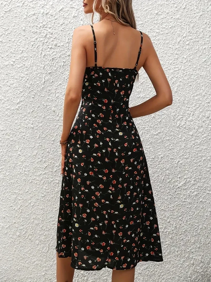 Vestido de praia boho estampado floral feminino, suspensórios elegantes, vestido de fenda com pescoço quadrado, verão 2019