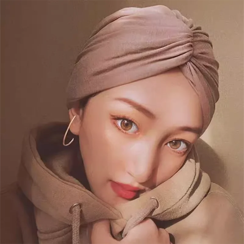 Breathable Cotton Cross Wrap Hat Stretchable Full Cover Vintage Ethnic Headwear for Maternity Bald Head Warm Winter Scarf